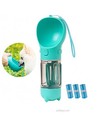 Qucey Dog Water Bottle for Outdoor Walking Portable Pet Travel Water Bottle Leak Proof Water Dispenser with Drinking Bowl 3-in-1 with Bag Dispenser and Little Shovel Come with 3 Rolls Poop Bags