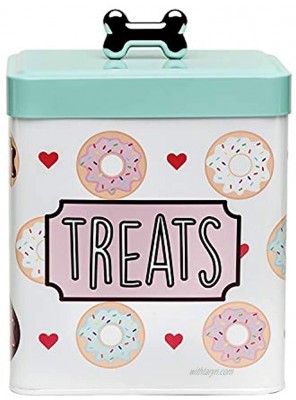 Amici Pet Barkers Dozen Metal Treats Canister Doughnuts and Hearts Design Food Safe Push Top Lid with Metal Bone Shaped Knob 96 Ounce Capacity