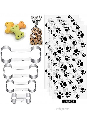 Geiserailie 100 Pieces Pet Paw Print Cone Cellophane Bag and 4 Pieces Dog Bone Cookie Cutter Set Cookie Mould Sealable Treat Candy Bag Puppy Dog Bag Cat Treat Bag for Pet Treat Party Favor