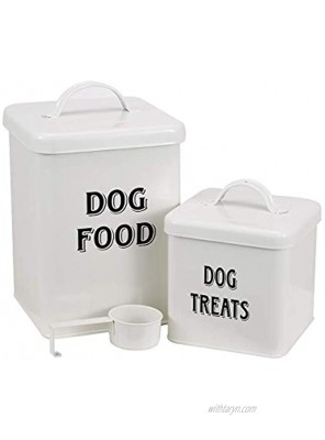 Pethiy Dog Food and Treats Containers Set with Scoop for Dogs-Vintage White Powder-Coated Carbon Steel Tight Fitting Lids Storage Canister Tins Small