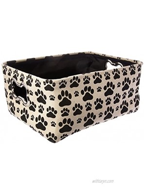 Winifred & Lily Pet Toy And Accessory Storage Bin Organizer Storage Basket For Pet Toys Blankets Leashes And Food In Printed “Dog Paws” Beige Black