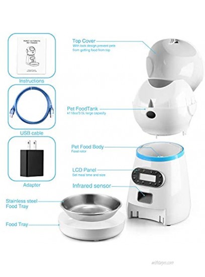EZMioo Automatic Cat Feeder Auto Robotics Dog Food Dispenser with Stainless Steel Food Bowl,1-4 Meals per Day Voice Recorder and Portion Control for Small & Medium Pets