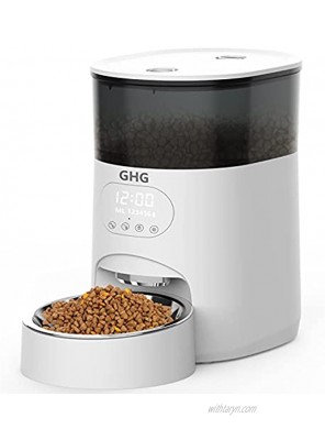 GHG Automatic Cat Feeder 4L Auto Pet Food Dispenser with Stainless Steel Bowl Desiccant Bag Programmable Portion Timed Control 1-6 Meals Per Day 10s Voice Recorder for Small Medium Cats and Dogs