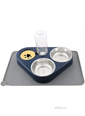 Triple Dog Cat Bowls Set Two Detachable Stainless Steel Bowls with Automatic Water Dispenser Plus No Spill Non Skid Waterproof Silicon Mat for Small Medium Size Dog Cat