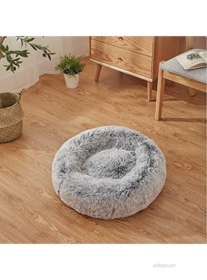 Eterish 23 inches Fluffy Round Calming Dog Bed Plush Faux Fur Anxiety Donut Dog Bed for Small Dogs and Cats Pet Cat Bed with Raised Rim Machine Washable Light Grey