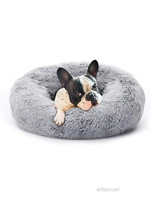 Eterish 23 inches Fluffy Round Calming Dog Bed Plush Faux Fur Anxiety Donut Dog Bed for Small Dogs and Cats Pet Cat Bed with Raised Rim Machine Washable Light Grey