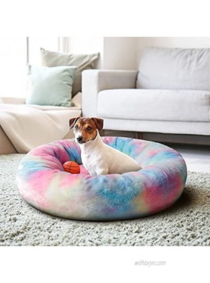 TantivyBo Donut Dog Bed & Cat Bed Soft Faux Fur Plush Anti-Anxiety Pet Calming Bed Washable Dog Cuddler Bed for Small Dogs Cats up to 25 pounds  24'' x 24' Rainbow