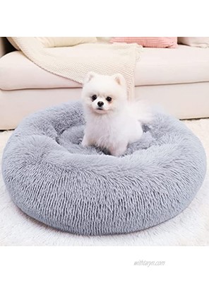 WAYIMPRESS Calming Dog Bed for Small Dog & Cat,Comfy Self Warming Round Dog Bed with Fluffy Faux Fur for Anti Anxiety and Cozy 20x20 Inch Grey