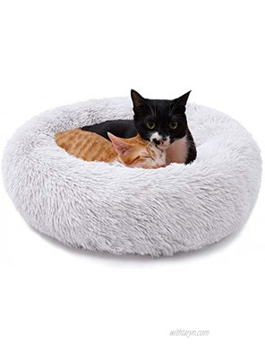 PEOPLE&PETS Anti-Anxiety Cat Bed Sleeping Calming Dog Bed Long Plush Donut Cuddler Warming Pet Bed with Anti-Slip & Waterproof Bottom Grey