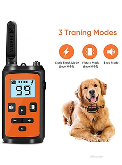 WOPET Dog Training Collar Dog Shock Collar with Remote 3 Channels w 3 Training Modes Beep Vibration and 99 Shock Level up to 1500Ft Long Range for Small Medium Large Dogs