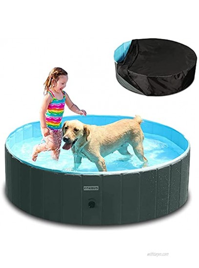 FOXBUS Foldable Dog Pool Portable Hard Plastic Kiddie Pool with Pool Cover and Hose Adapter PVC Collapsible Pet Bathing Tub Non-Slip Outdoor Swimming Pool for Large Small Dog Puppy Cats Kids
