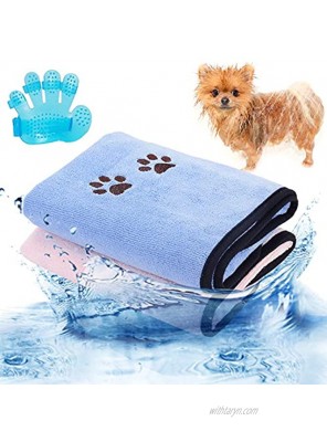 Legendog Dog Towels 2PCS Super Absorbent Pet Bath Towel Microfiber Dog Drying Towel for Small Medium Dogs Dog Towel for Indoor and Outdoor with Pet Bath Brush Blue + Pink