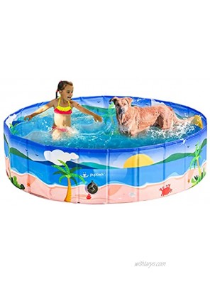PUPTECK Dog Swimming Pool Large Foldable Pet Pool Bathing Tub with Hawaiian Beach Printing Outdoor Bathtub Collapsible for Dogs and Kids Playing