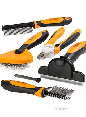 Friends Forever 6 in 1 Professional Pet Grooming Kit Box Cats Dogs Nail Clippers & File Wire Dog Brush Slicker Brush Deshedding Tool Dematting Comb Undercoat Rake .SYNC66-0047UPC Black Orange