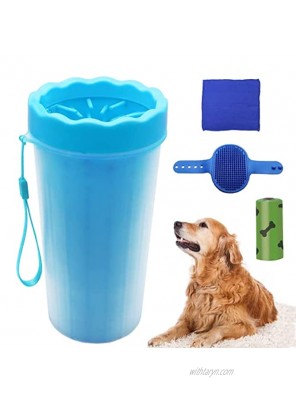 LONCHDAN 8.78" Dog Paw Cleaner 4 in 1 for Large XL Dogs Portable Pet Foot Washer Cup Soft Silicone Feet Plunger for Muddy Paws Shammy Cleaning with Towel Cat Dog Poop Bags and Washing Grooming Brush