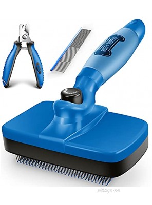 Ruff 'n Ruffus Upgraded Self-Cleaning Slicker Brush + Free Pet Nail Clippers+ Free Comb | Upgraded Gel Handle | Cat Dog Brush Grooming Gently Reduces Shedding & Tangling for All Hair Types