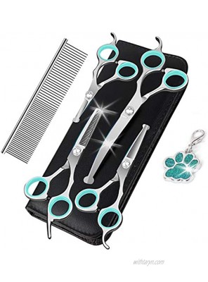 8PCs Stainless Steel Dog Grooming Scissors Kit Heavy Duty Pet Grooming Trimmer Set with Thinning Straight Curved Shears Comb for Large Small Dog Long Short Curly Hair Green