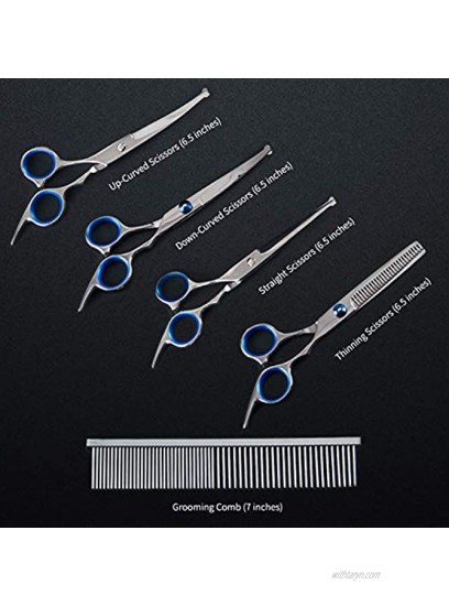 Breeze Touch Dog Grooming Scissors Hair Thinning Shears for Dogs with Heavy Duty Stainless Steel Thinning Straight Curved Shears Comb Nail Clipper Nail File & Grooming Glove 8 Pcs