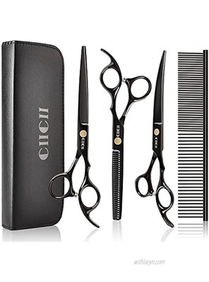 Dog Grooming Scissors Kit CIICII 7 Inch Professional Pet Grooming Scissors Set Dog Cat Hair Thinning Trimming Cutting Shears with Curved Scissors for DIY Home Salon Heavy Duty-Black-9Pcs