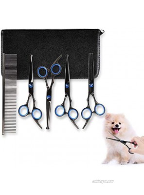 Dog Grooming Scissors Kit Stainless Steel Fast Cut Pet Grooming Scissors Set Safety Round Tip Thinning Straight Curved Shear with Grooming Comb for Cutting Hair of Dog Cat or Other Pet