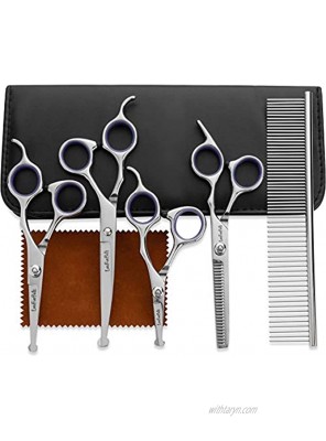 Dog Grooming Scissors Kit Titanium Coated 4CR Stainless Steel Safety Blunt Tip Scissors Pet Grooming Scissor Set for Dog's and Cat's with Purple and Green Comfort Rings Cat Grooming Kit by LuvFurPets