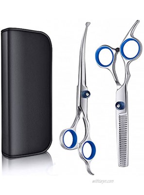 Gimars Round Tips Dog Grooming Scissors Set Heavy Duty Titanium Coated Stainless Steel Pet Grooming Trimmer Kit Perfect Thinning Curved Shears for Long Short Hair Large Small Dogs Cat Other Pets
