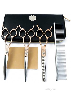 Moontay 6.5" Professional Pet Grooming Scissors Set 3-pieces Dog Cat Grooming Straight & Curved & Chunker Shears Scissors with 1 Grooming Comb 440C Japanese Stainless Steel Grooming Scissor Gold