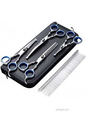 QUEAATFR Pet Grooming Scissors Kit for Dog and Cat with Safety Round Tip 4CR Stainless Steel 5 in 1 Pet Trimmer Kit with Thinning Straight Curved Shears and Comb for Long or Short Hair Pets Blue