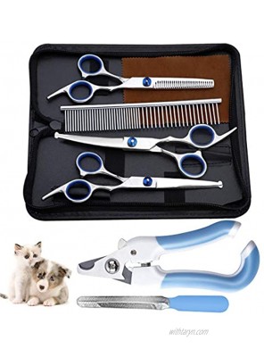 Stainless Steel Dog Grooming Scissors Set with Safety Round Tip Heavy Duty Thinning Straight Curved Shears with Comb and Nail Clippers 8 in 1 Pet Trimmer Kit for Long Short Hair for Dogs and Cats