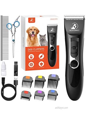 Bonve Pet Dog Clippers Dog&Cat Grooming Kit Noiseless Cordless Dog Grooming Clippers Professional Rechargeable Dog Trimmer Electric Hair Clippers for Thick Coats Dogs Cats Pets Black-Dog Clippers