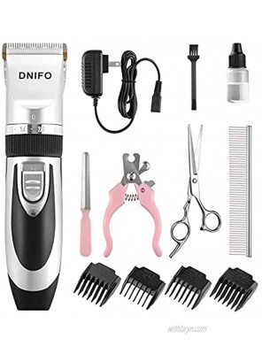Dnifo Dog Hair Clippers Professional Pet Hair Grooming Clippers Low Noise Electric Rechargeable Dog Clippers Kit Pet Hair Trimmer with Comb Guides and Nail Kits for Cat or Dog White