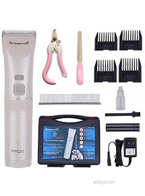 PAWFULL Pets Hair Clipper Grooming Kit with Tools Box Low Noise Arc Blade 5 Adjustable Length 2-Speed 4-Hour Working Rechargeable Cordless Professional Shaver Trimmer with Spare Battery for Cats Dogs