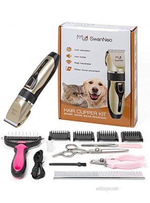 SwanNeo Dog Grooming kit Small Dogs Low Noise Rechargeable Dog Clippers Set Cordless Cat Hair Shaver Dematting Rake Comb and Hair Cutting Scissors kit with Comb Guides Dog Comb and Nail Clipper