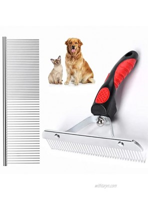 Grooming Rake Undercoat Brush for Dogs Long Hair Long Tooth Undercoat Rake + Stainless Steel Dog Comb Deshedding Tool Set for Husky Long-haired Cats