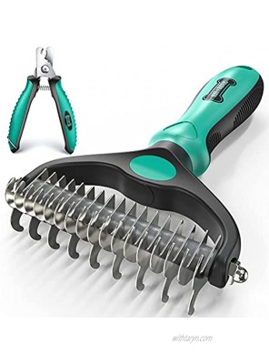 Ruff 'n Ruffus Double Sided Pet Undercoat Rake Brush + Free Nail Clippers for Dogs & Cats | Professional Grade Pet Grooming Rake Tool Double-Tiered for Dematting Knots & Tangled Fur
