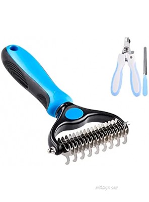 Thstheaven Pet Grooming Brush & Nail Clippers Trimmers Double Sided Shedding and Dematting Undercoat Rake Comb for Dogs and Cats Safe Dematting Comb for Easy Mats & Tangles Removing