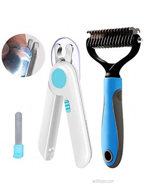 VIUU Pet Grooming Kit,LED Nail Clippers for Dogs & Cats and 2 Sided Undercoat Rake Dematting Tools