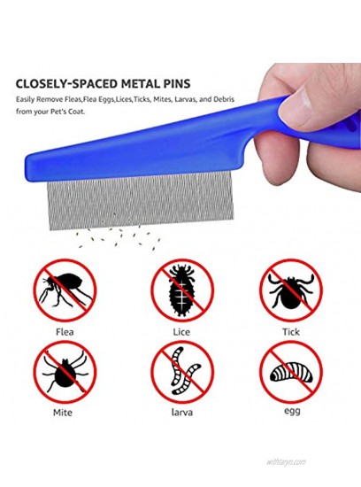BENSEAO Flea Comb for Cats Dog Comb Lice Comb Metal Teeth Durable Tear Stain Dog Combs Remove Float Hair Combing Tangled Hair Dandruff Pet Comb Grooming Set 3 Pieces Add Storage Pouch Blue