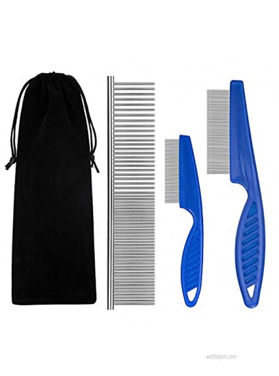 BENSEAO Flea Comb for Cats Dog Comb Lice Comb Metal Teeth Durable Tear Stain Dog Combs Remove Float Hair Combing Tangled Hair Dandruff Pet Comb Grooming Set 3 Pieces Add Storage Pouch Blue