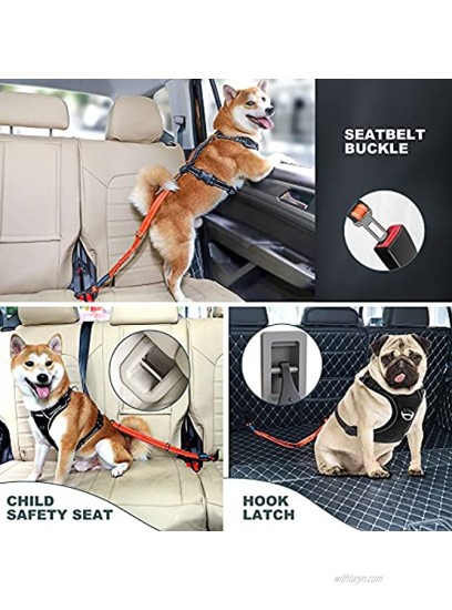 IOKHEIRA Dog Seat Belt 3-in-1 Car Harness for Dogs Adjustable Safety Seatbelt for Car Durable Nylon Reflective Bungee Fabric Tether with Clip Hook Latch & Buckle Swivel Aluminum Carabiner