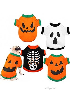 4 Pieces Dog Halloween Shirt Puppy Shirts Pet Clothes Funny Skeleton Pumpkin Head,Ghost T-Shirt for Small Dogs Cat Halloween Tee Shirt Halloween Cosplay Pet Apparel Small Size