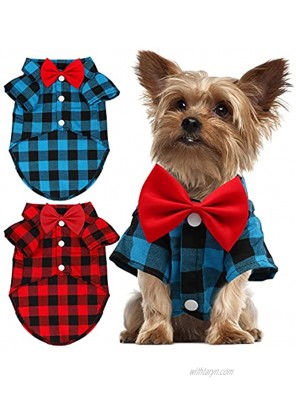 GINDOOR 2 Pack Plaid Puppy Shirt Cute Boy Dog Clothes and Bow Tie Combo Dog Outfit for Small Dogs Cats Birthday Party and Holiday Photos