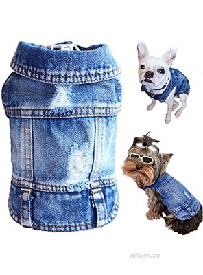 LKEX Dog Jean Jacket Blue Denim Shirt Classic Lapel Vest Coat Costume Puppy T-Shirt Comfort Tank Top Shirts Cool Apparel Washed Pet Clothes for Small Medium Dogs Boy Girl Cute Cat Outfits