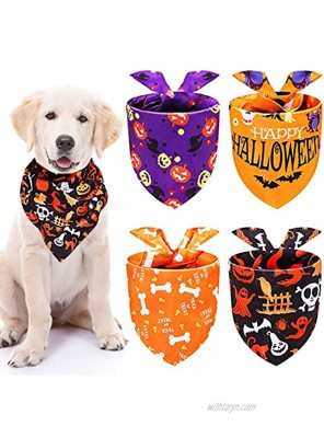 4 Pieces Fabric Halloween Dog Bandanas Pet Bandanas Pumpkin Pet Scarf Washable Dog Bibs for Halloween Pet Costume