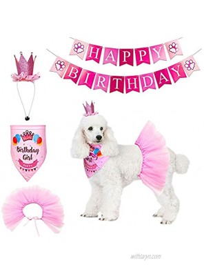 ADOGGYGO Dog Birthday Bandana Girl Birthday Party Supplies Pink Tutu Skirt Crown Hat Scarf Happy Birthday Banner Dog Girl Birthday Outfit for Pet Puppy Cat Girl