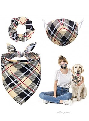 Bandana & Scrunchie & Face Mask Set Pet and Owner Matching Style Classic Plaid Check Fashionable Reusable Washable Breathable Soft for Small Medium Large Dogs and Owners