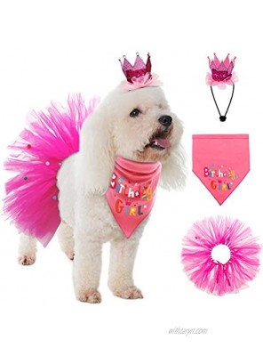 Dog Birthday Bandana Girl Birthday Party Supplies -Tutu Skirt Hat Scarf Set for Pet Puppy Cat Girl Pink Outfit for Birthday Party
