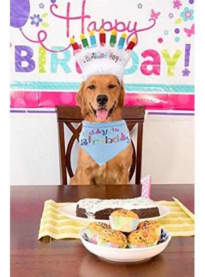 Dog Birthday Bandana with Birthday Candle Headband Pet Birthday Gift Decorations Set Soft Scarf & Adorable Hat for Party Accessory