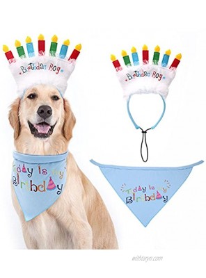 Dog Birthday Bandana with Birthday Candle Headband Pet Birthday Gift Decorations Set Soft Scarf & Adorable Hat for Party Accessory