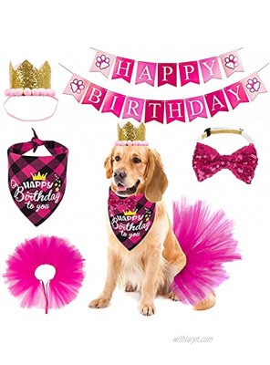 Dog Birthday Hat Bandana Girl Dog Birthday Party Supplies Pink Dog Tutu Crown Scarf Happy Birthday Banner Dog First Birthday Outfit for Dogs Pets